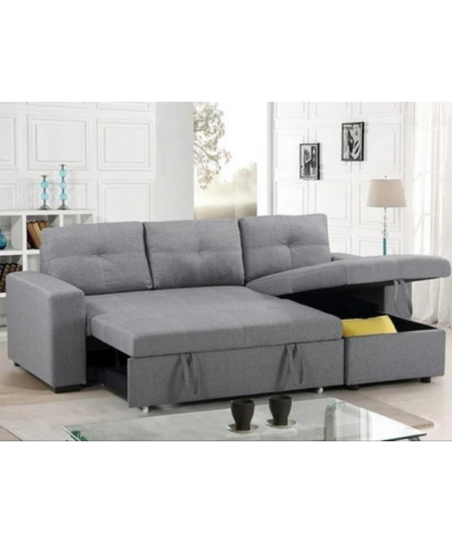 Veronica pull-out sofa bed in grey linen fabric with concealed storage and reversible chaise.