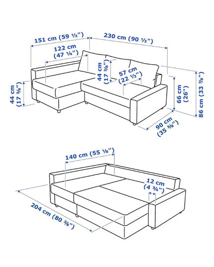 Dimensions of Veronica Pull Out Sofa Bed with Storage in grey linen fabric, L-shaped design, detailed measurements included.
