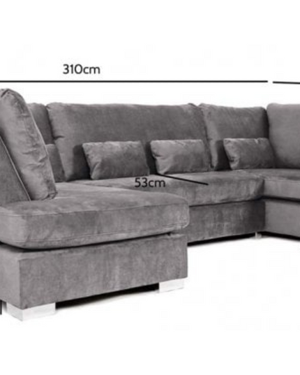 Belgravia U Shape Sofa in plush velvet, dimensions shown, emphasizing luxury and comfort with deep cushions.