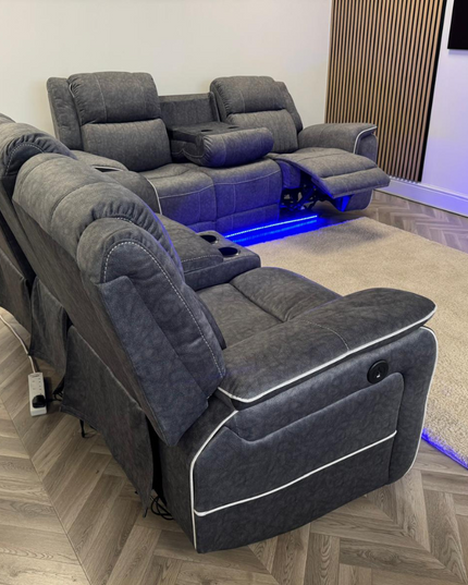 Hannan 3+2 electric recliner sofa set in grey micro fabric with LED lighting, showcasing comfortable seating.