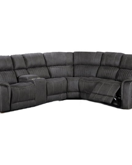 Hannan Electric Recliner Corner Sofa in grey micro fabric with reclining features and contemporary design.