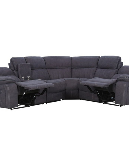 Hannan electric recliner corner sofa in grey micro fabric with premium reclining features and cup holder.