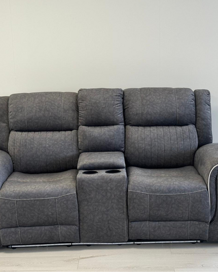 Hannan 3+2 Electric Recliner Sofa Set in grey micro fabric with plush seating and center console.