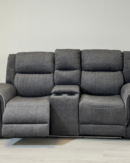 Hannan 3-seater electric recliner sofa in grey micro fabric with armrest and center console.