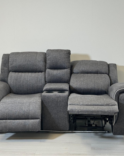 Hannan electric recliner sofa set in grey micro fabric, featuring plush seating and reclining function.