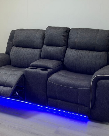 Hannan 3-seater electric recliner sofa in grey micro fabric with LED base and reclining feature.