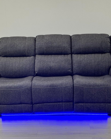 Hannan 3-seater electric recliner sofa in grey micro fabric with blue LED base lighting.