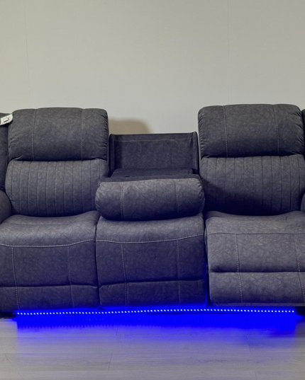 Hannan 3-seater electric recliner sofa in grey micro fabric with blue LED base lighting.
