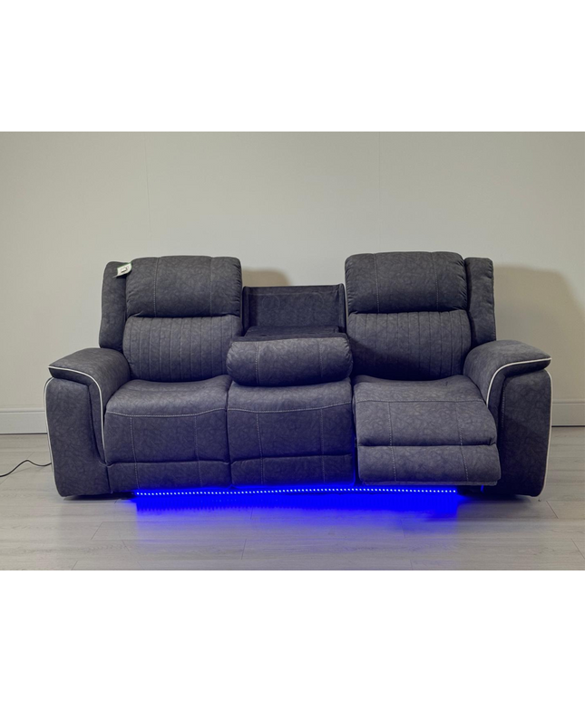 Hannan 3 Seater Electric Recliner Sofa in grey micro fabric with blue LED base lighting.