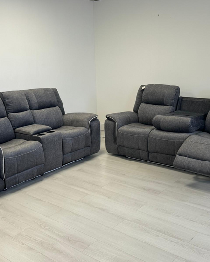 Hannan 3+2 Electric Recliner Sofa Set in grey micro fabric with plush seating and electric recline features.