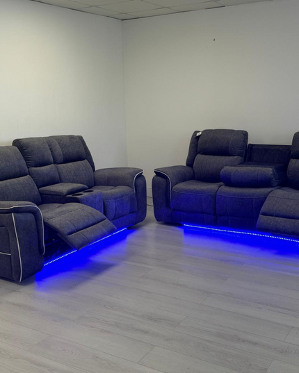 Hannan 3+2 Electric Recliner Sofa Set in grey micro fabric with blue LED base lighting.