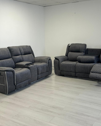 Hannan 3+2 Electric Recliner Sofa Set in grey micro fabric, featuring plush seating and modern design.