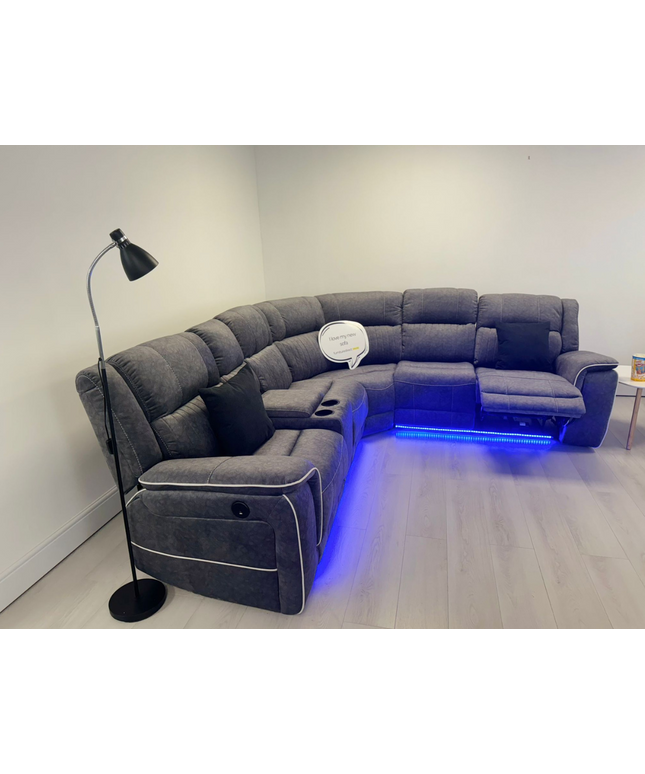 Hannan Electric Recliner Corner Sofa in grey micro fabric with LED lighting and side lamp.