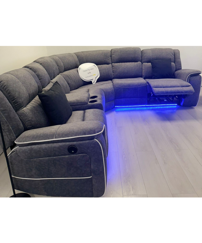 Hannan electric recliner corner sofa in grey micro fabric with LED lighting and reclining section.