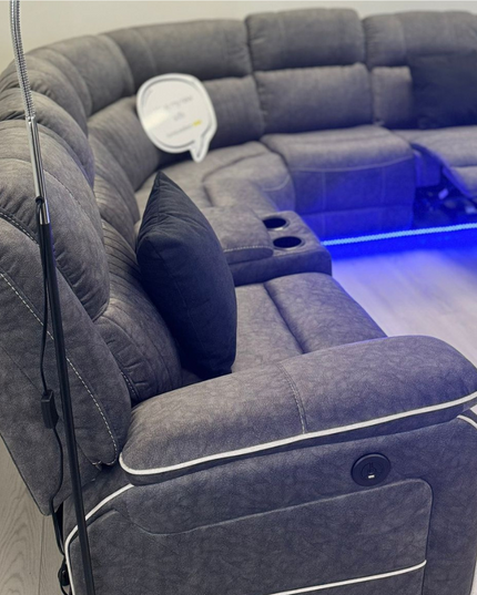 Hannan electric recliner corner sofa in grey micro fabric with reclining mechanism and LED lighting.