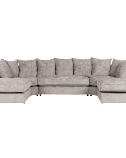 London U Shape Sofa Soft Chenille with wide cushioned seats and scatter back cushions in elegant light gray upholstery.