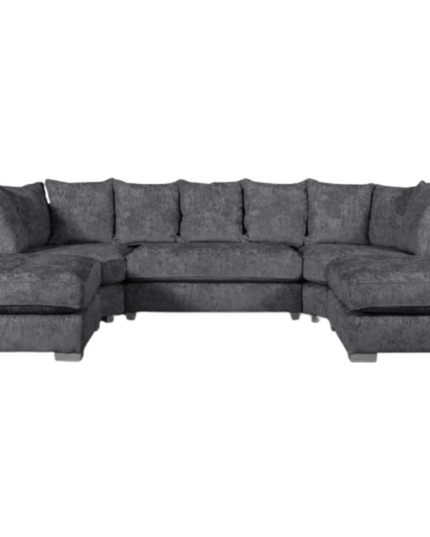 London U Shape Sofa in soft chenille fabric with removable footstools and nine scatter cushions for modern comfort.