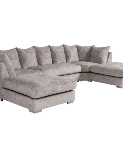 London U Shape Sofa in soft chenille upholstery, featuring wide cushioned seats and nine scatter back cushions.