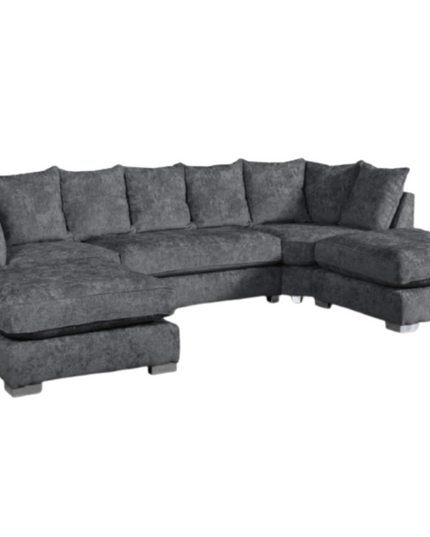 London U Shape Sofa in soft chenille upholstery with wide seats and nine scatter back cushions.