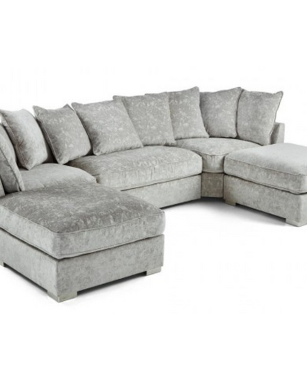 London U Shape Sofa Soft Chenille in soft grey upholstery with nine scatter back cushions and removable footstools.