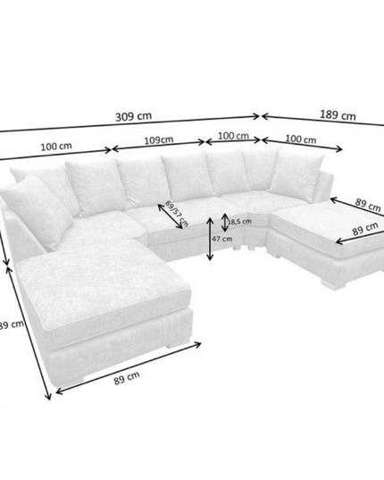 Dimensions of London U Shape Sofa Soft Chenille with measurements for optimal space planning.