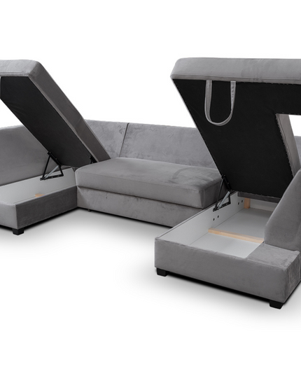 Meridian U Shape sofa bed in plush velvet with open storage compartments, showcasing modern design and functionality.