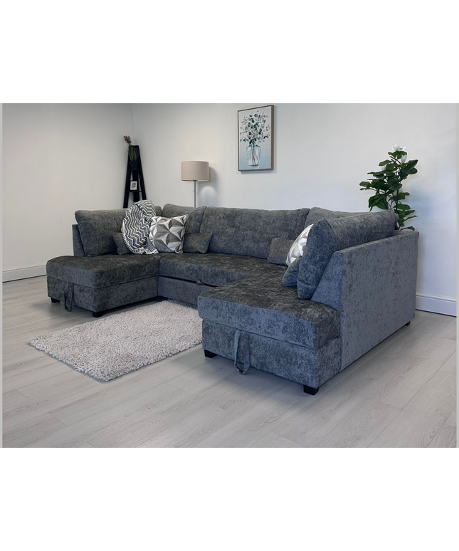 Meridian U Shape Sofa Bed in Alaska Chenille, showcasing its plush design and spacious seating area.