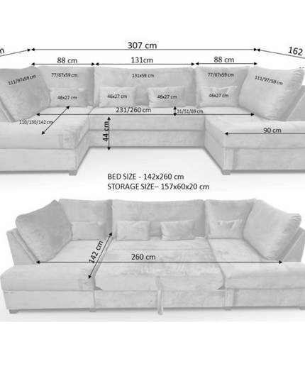 Dimensions of Meridian U Shape Sofa Bed with Storage in Plush Velvet, showcasing its seating, bed, and storage sizes.