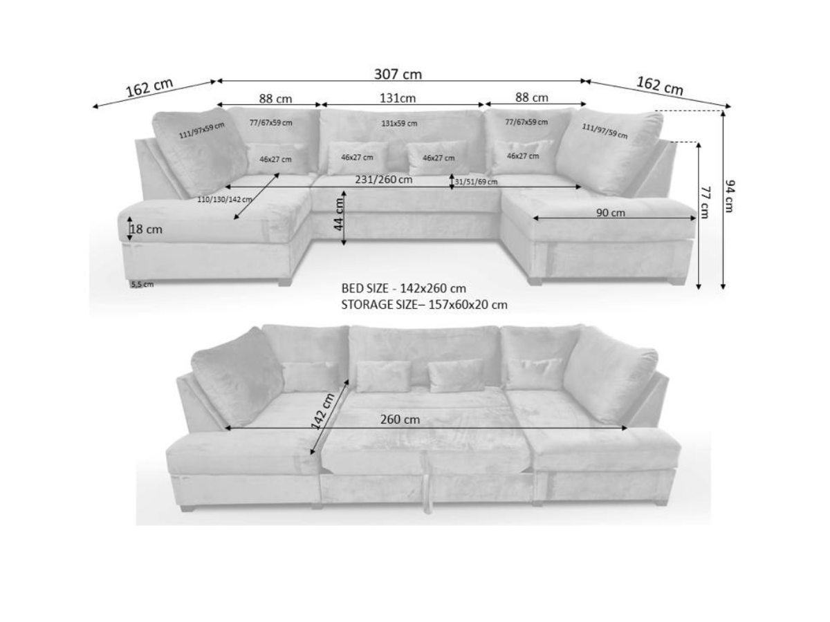 Meridian U Shape Corner Sofa Bed with Storage in Truffle Alaska Chenille