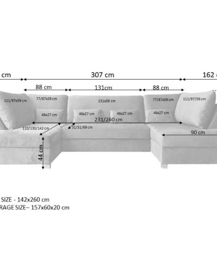 Dimensions of Meridian U Shape Sofa Bed in Plush Velvet with hidden storage solutions.