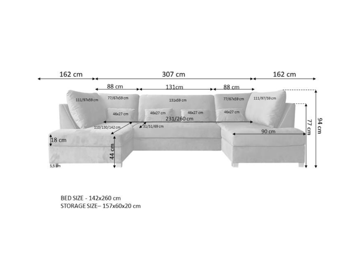 Meridian U Shape Corner Sofa Bed with Storage in Truffle Alaska Chenille