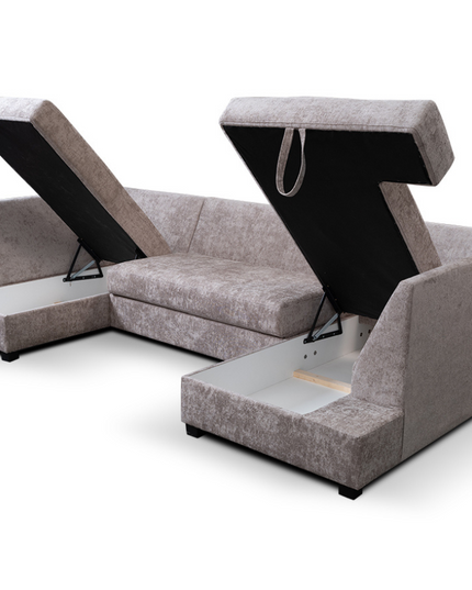 Meridian U Shape Sofa Bed in Alaska Chenille with storage compartments open for versatile use.