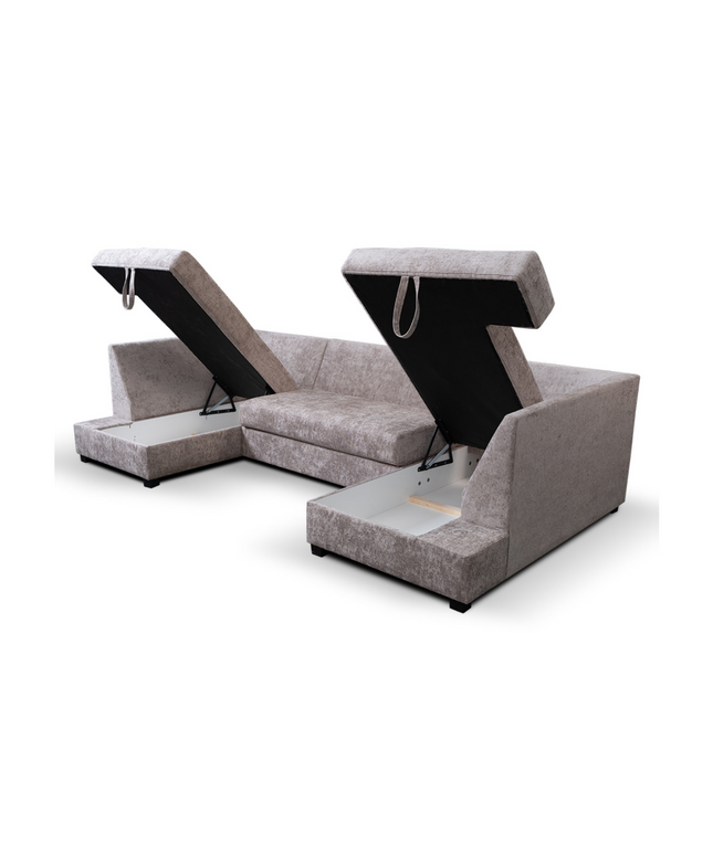 Meridian U Shape Sofa Bed in Alaska Chenille with storage compartments open for versatile use.