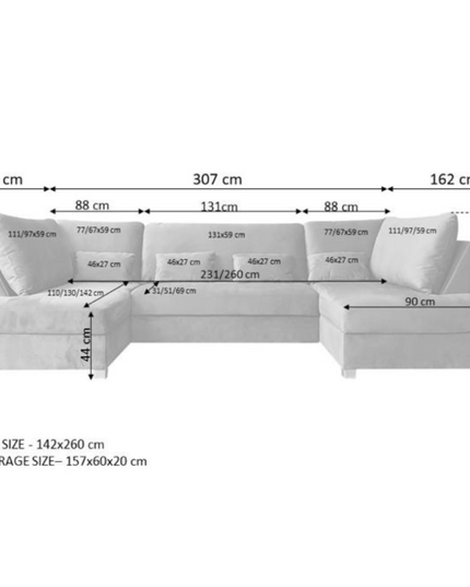 Dimensions of Meridian U Shape Sofa Bed with Storage in Alaska Chenille, including bed and storage sizes.