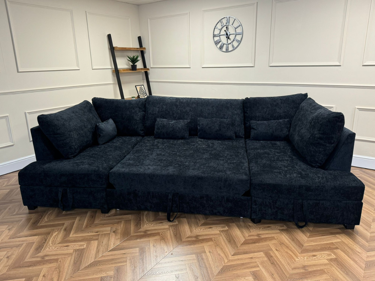 Meridian U Shape Corner Sofa Bed with Storage in Black Alaska Chenille