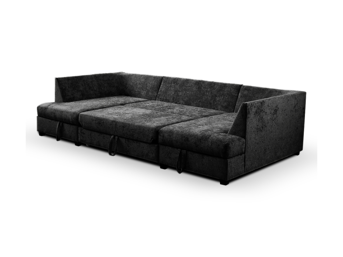 Meridian U Shape Corner Sofa Bed with Storage in Black Alaska Chenille