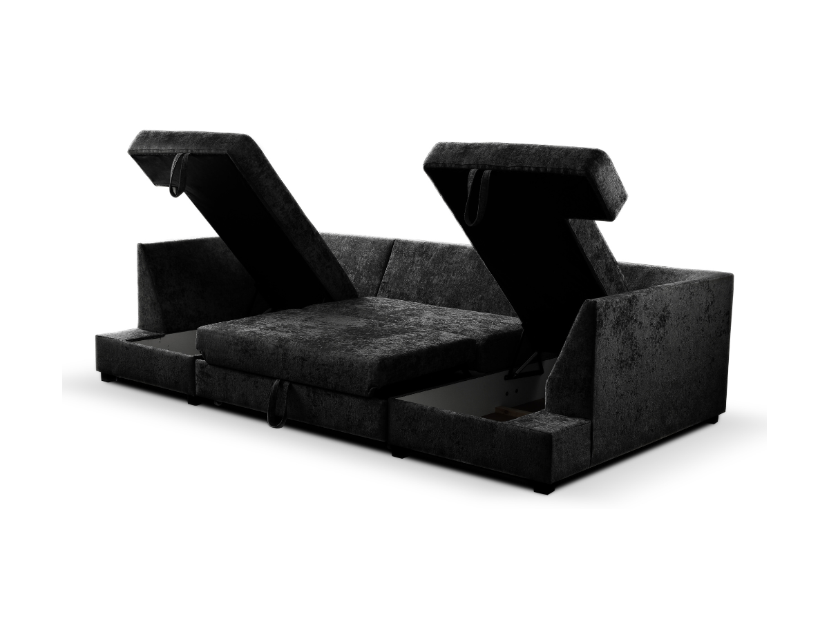 Meridian U Shape Corner Sofa Bed with Storage in Black Alaska Chenille