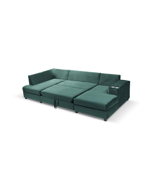 Moderno U-shaped plush velvet sofa bed with built-in cup holders and USB port for storage and comfort.