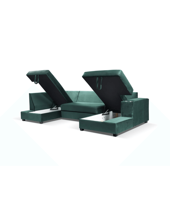 Moderno U-shaped velvet sofa bed with storage and cupholders, showing open compartments.