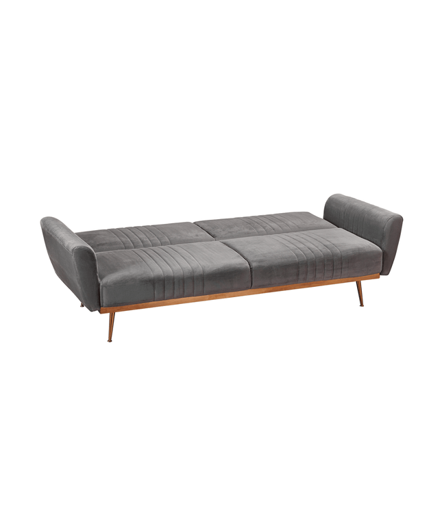 Nico Sofa Bed in grey plush velvet with copper-effect legs and channel-tufted backrest, ideal for comfort and style.