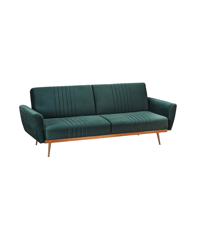 Nico Sofa Bed in plush green velvet with channel-tufted backrest and copper-effect legs.