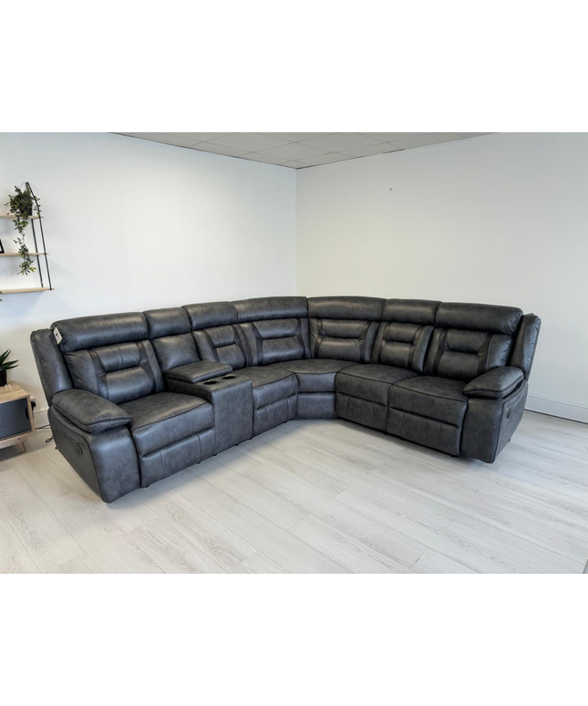 Nova electric recliner corner sofa in grey aire leather featuring a cup holders and modern design.