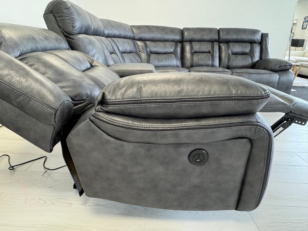 Nova Electric Recliner Corner Sofa in Grey Aire Leather with USB Port and Cup Holders