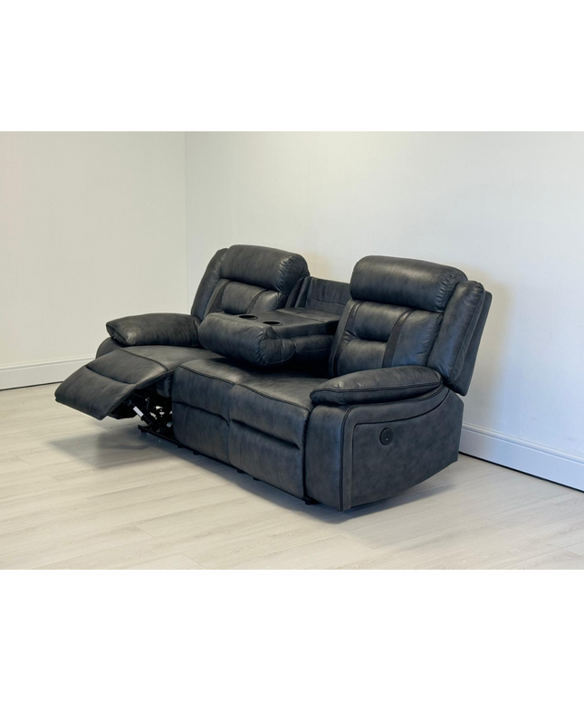 Nova 3 Seater Electric Recliner Sofa in Grey Aire Leather with cup holders and reclining feature.