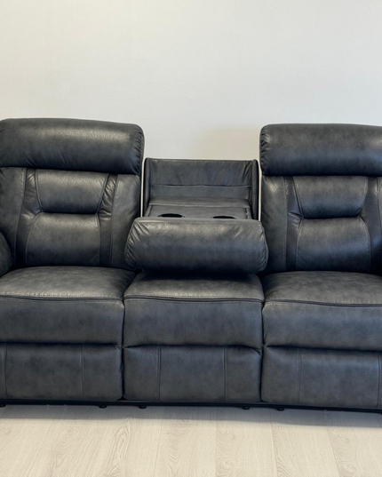 Nova 3+2 electric recliner sofa set in dark grey aire leather with cup holder console.