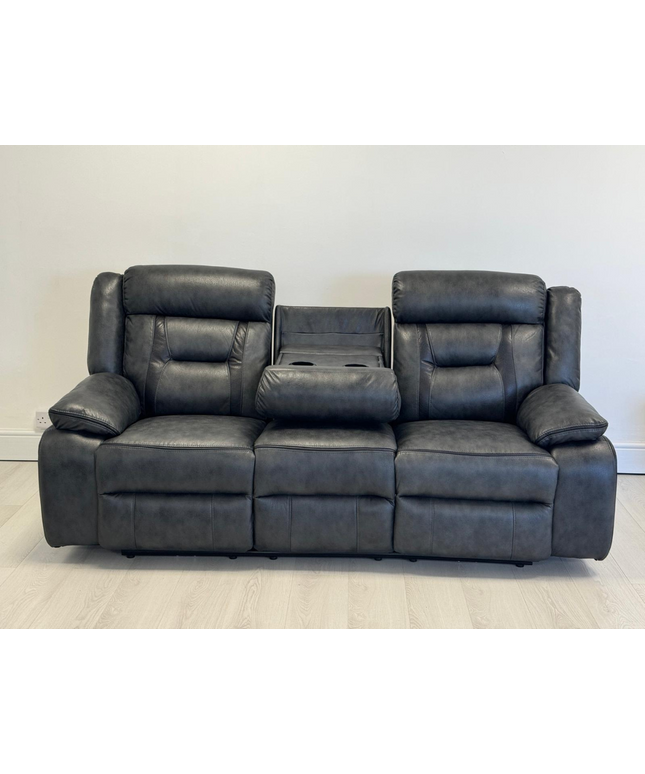 Nova 3 Seater Electric Recliner Sofa in Grey Aire Leather with cup holders and reclining features.