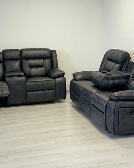 Nova 3+2 electric recliner sofa set in dark grey aire leather, featuring a sleek design and comfortable seating.