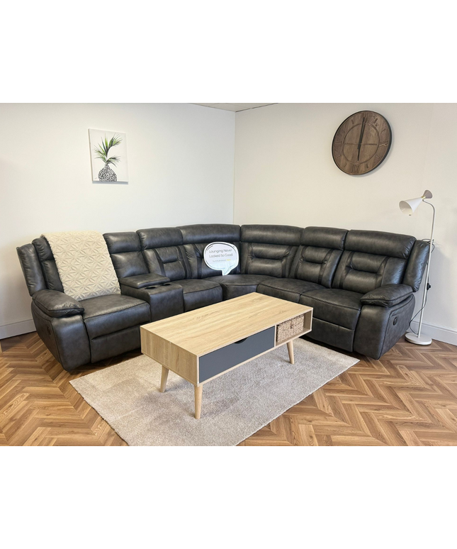 Nova electric recliner corner sofa in grey aire leather with cup holders and USB port, stylish living room setup.