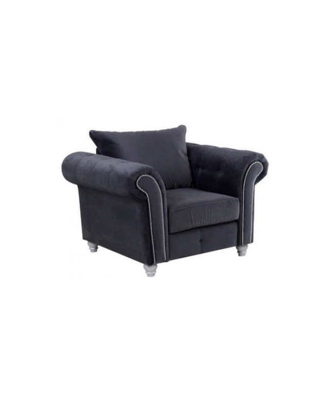 Olympia armchair in plush grey velvet with metal studs, perfect for stylish living room seating.