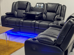 Orlando 3+2 Electric Recliner Sofa Set in Black Leather with USB Port Drop Down Table and Cupholders